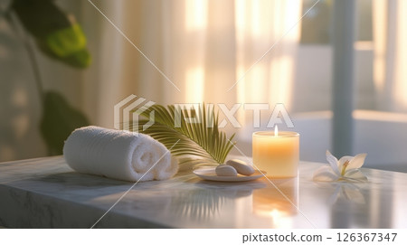 Serene spa setting with lit candle, rolled towel, and lily flower on marble table, bathed in soft sunlight for a tranquil experience. Spa accessory composition set in spa hotel 126367347