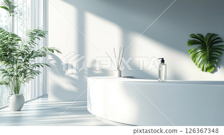 Modern minimalist interior with white curved table and monstera leaf in sunlit room creating serene ambiance.. Spa accessory composition set in spa hotel 126367348