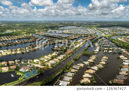 Hurricane flooded homes in residential community in Florida, USA. Aftermath of natural disaster 126367427