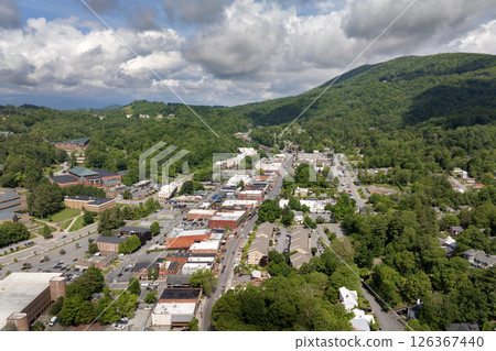 Historical American town Boone North Carolina Appalachian mountains. Old townscape architecture in Watauga County, USA. Streets and historic buildings from above Historical American town Boone North Carolina Appalachian mountains. Old townscape architecture in Watauga County, USA. Streets and historic buildings from above 126367440