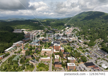 Historical American town Boone North Carolina Appalachian mountains. Old townscape architecture in Watauga County, USA. Streets and historic buildings from above Historical American town Boone North Carolina Appalachian mountains. Old townscape architecture in Watauga County, USA. Streets and historic buildings from above 126367441