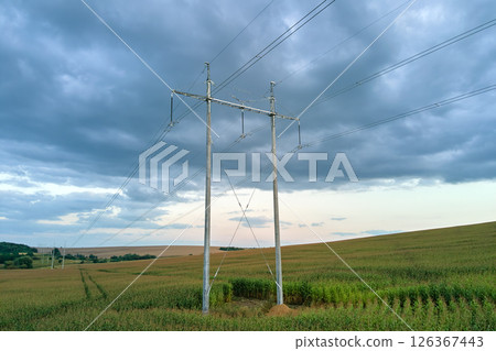 High voltage tower with electric power lines between green agricultural fields. Transfer of electricity concept. 126367443
