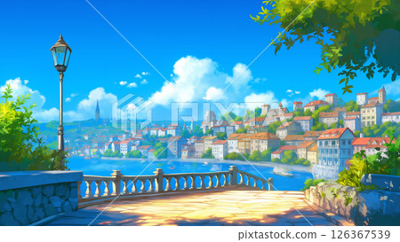 動漫風格的山路海景 126367539