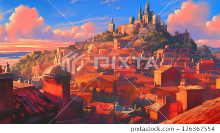 European castle town scenery, anime style 126367554