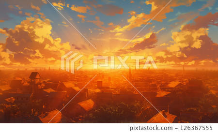 Sunset cityscape, anime style 126367555