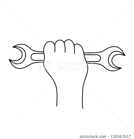Hand Holding Wrench Outline Vector Illustration. A black and white vector illustration of a hand firmly gripping a double-ended open wrench. 126367617