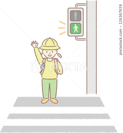 綠燈亮時,一個孩子(女孩)試圖過馬路的插圖 綠燈亮時,一個孩子(女孩)試圖過馬路的插圖 126367659