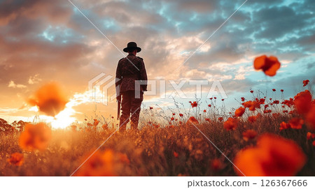 soldier stands in field of orange flowers at sunset, reflecting on sacrifice and remembrance soldier stands in field of orange flowers at sunset, reflecting on sacrifice and remembrance 126367666