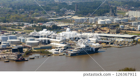 Construction shipyard for assembling of luxury yachts. Commercial dock for sea ships manufacturing 126367911