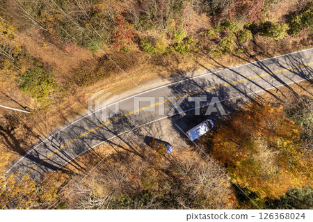 Car road trip on Blue Ridge Parkway in North Carolina Appalachian mountains in fall season. Autumnal landscape of beautiful nature 126368024