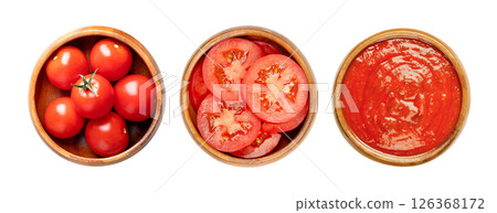 Tomatoes in wooden bowls. Fresh red cherry or cocktail tomatoes on the left, sliced fresh plum tomatoes in the center, and tomato sauce with herbs, also known as Neapolitan sauce on the right side. 126368172