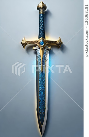 Ornate Fantasy Sword with Glowing Blue Crystal Ornate Fantasy Sword with Glowing Blue Crystal 126368181