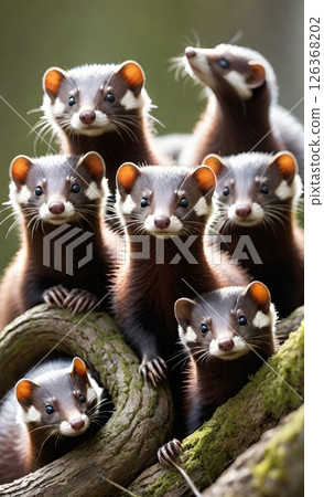 Group of Adorable Weasels or Polecats on a Tree Branch 126368202