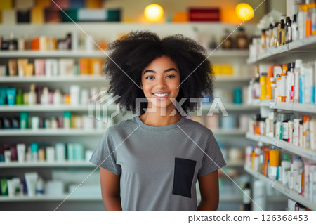 A woman with curly hair is smiling in front of a pharmacy 126368453