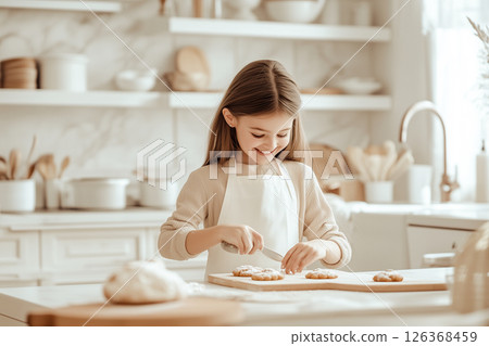 A young girl is cutting cookies in a kitchen 126368459