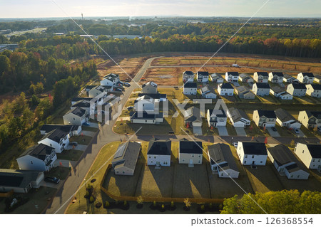 Aerial view of tightly packed homes in South Carolina residential area. New family houses as example of real estate development in american suburbs 126368554