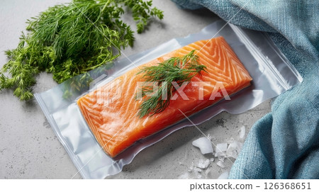 Fresh salmon fillet with dill and ice on table. 126368651