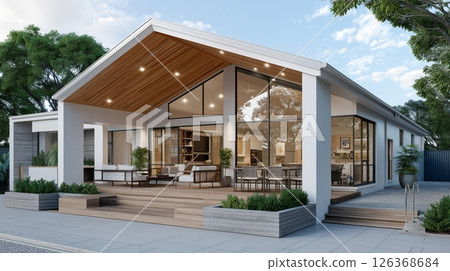 Contemporary open-concept home exterior with wooden deck and modern design. 126368684