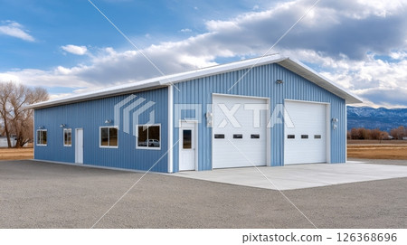 Blue metal garage with dual white doors in sunny rural setting. 126368696