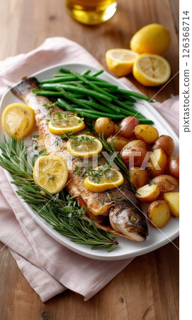 Grilled trout with lemon, herbs, green beans, and potatoes on a rustic plate. 126368714