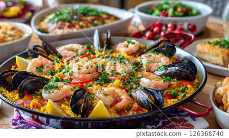 Delicious seafood paella with shrimp and mussels in vibrant dish setting. 126368740