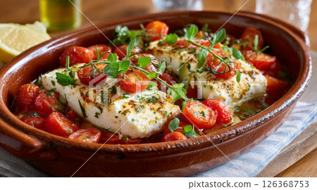Baked cod with cherry tomatoes and fresh herbs in a rustic dish. 126368753
