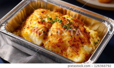Delicious baked cod with golden crust topped with fresh parsley. 126368792