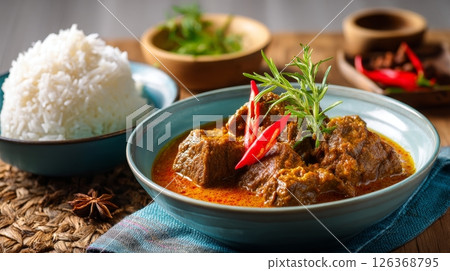 Delicious beef rendang with fresh herbs and steamed rice in a rustic setting. 126368795