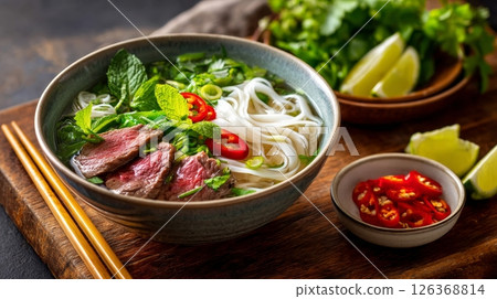 Delicious vietnamese pho with beef and fresh herbs in a rustic setting. Delicious vietnamese pho with beef and fresh herbs in a rustic setting. 126368814