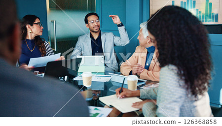 Business people, meeting and discussion with documents for statistics, analytics or growth at office. Group, employees or team with ideas for corporate expansion, profit or development at workplace 126368858