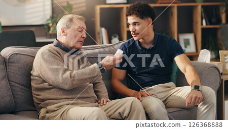 Caregiver, senior man and pills in home with supplements medication, tablets dosage and illness management. Homecare, old person and healthcare worker with prescription drugs for medical treatment 126368888