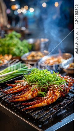 Grilled octopus with fresh garnish at night market food stall. Grilled octopus with fresh garnish at night market food stall. 126368896