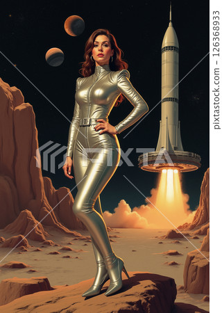 an astronaut is on alien planet, red desert landscape and rocks, the sky with planets and stars, future space exploration concept 126368933
