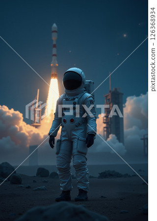 an astronaut is on alien planet, red desert landscape and rocks, the sky with planets and stars, future space exploration concept 126368934