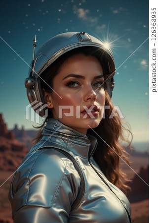 an astronaut is on alien planet, red desert landscape and rocks, the sky with planets and stars, future space exploration concept 126368935