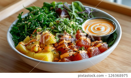 Colorful hawaiian poke bowl with tuna pineapple salad and spicy dressing. 126368975