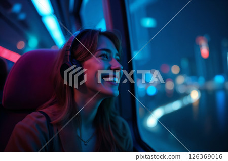 happy girl in headphones rides sky train, listens to music and looks at night city street in illumination and street lights 126369016