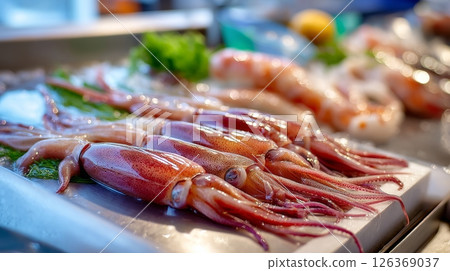 Fresh squid on ice at seafood market display with crisp vegetables and vibrant colors. Fresh squid on ice at seafood market display with crisp vegetables and vibrant colors. 126369037