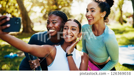 Fitness friends, selfie and women in park smile in picture for wellness, bonding and memory for exercise blog. Social media, post and yoga people outdoor with happiness, photography and health Fitness friends, selfie and women in park smile in picture for wellness, bonding and memory for exercise blog. Social media, post and yoga people outdoor with happiness, photography and health 126369038