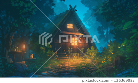 夜晚森林中的山間小屋風景，動漫風格 126369082