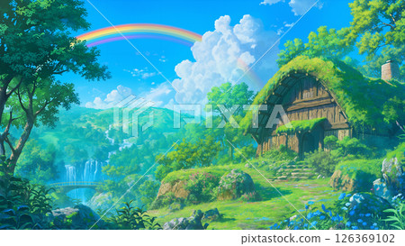 森林小屋的場景，有瀑布和彩虹，動漫風格 126369102