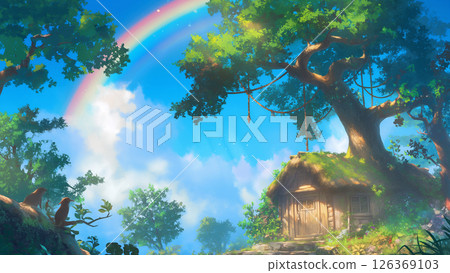 Scene of a mountain cabin in the forest with a rainbow, anime style 126369103
