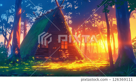 夕陽照射下的森林小屋場景，動漫風格 126369111