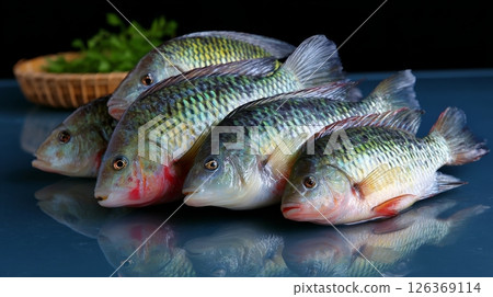 Fresh tilapia fish on dark surface with basket and green herbs in background. 126369114