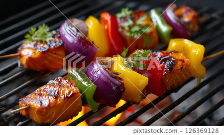 Colorful grilled vegetable and salmon skewers on barbecue grill. 126369128