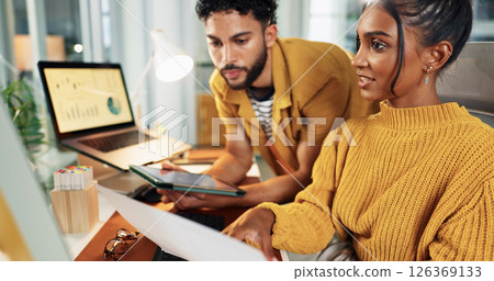 Creative, charts and business people in office, computer and teamwork for sales. Employees, market analysis and social media analytics with cooperation, pc or research for client subscription or talk 126369133