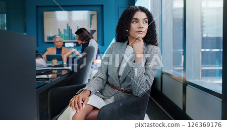 Thinking, employee and woman with ambition, serious and ideas for career growth in corporate company. Inspiration, contemplating and person with vision for opportunity, calm or underwriter with pride Thinking, employee and woman with ambition, serious and ideas for career growth in corporate company. Inspiration, contemplating and person with vision for opportunity, calm or underwriter with pride 126369176