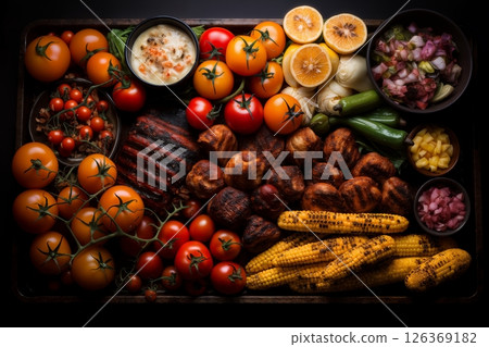 a large dish with meat and vegetables and herbs cooked on fire as a barbecue, roast in a frying pan, delicious food a large dish with meat and vegetables and herbs cooked on fire as a barbecue, roast in a frying pan, delicious food 126369182