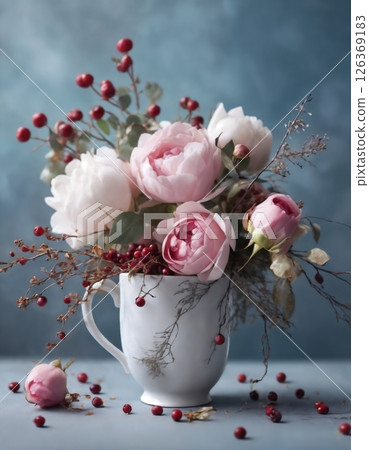 flower arrangement in a cup, soft pink roses, leaves and twigs flower arrangement in a cup, soft pink roses, leaves and twigs 126369183