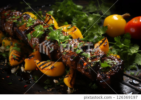 sliced meat on skewer with greens and vegetables cooked on fire, barbecue, delicious food 126369197